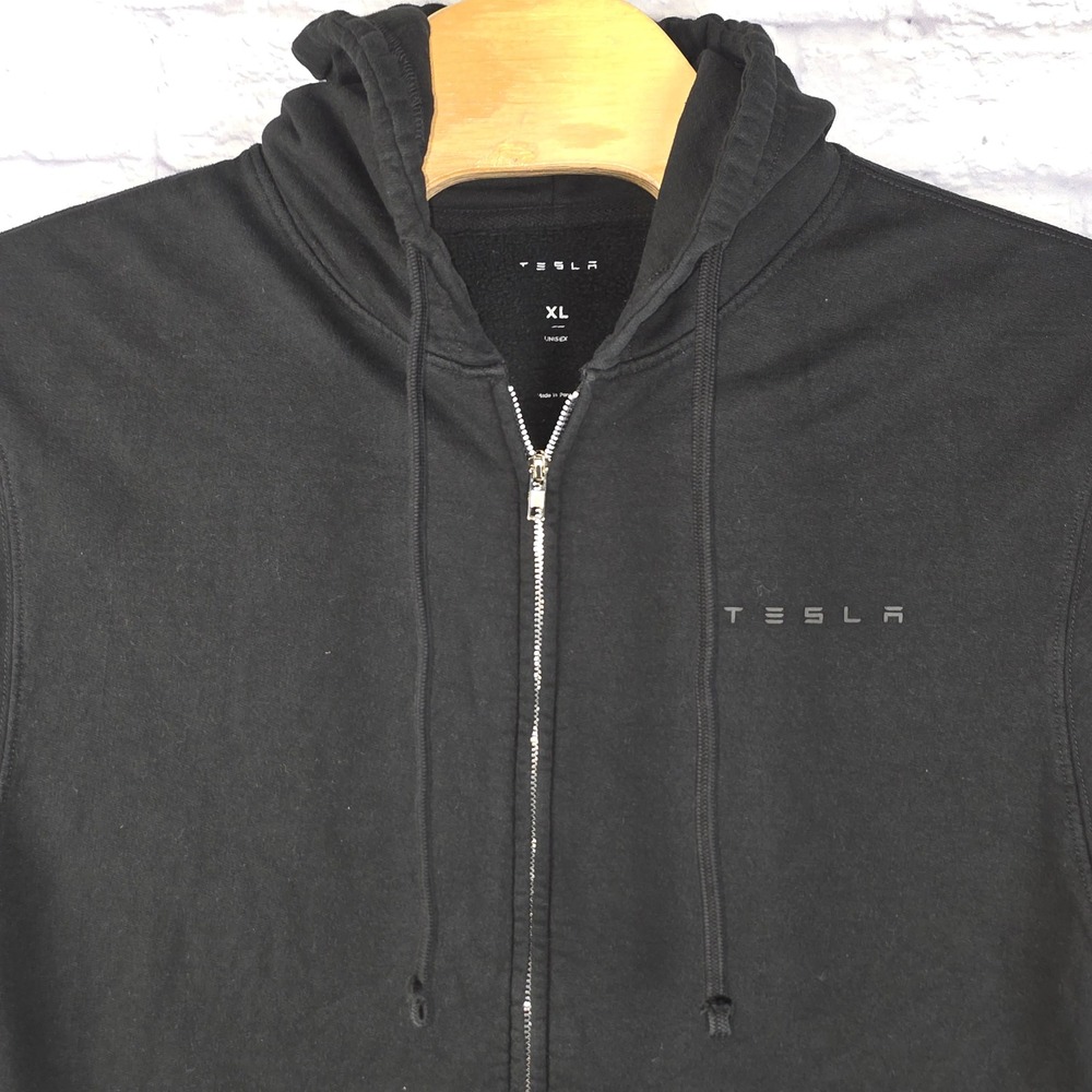 Tesla Zip Up Men Hoodie Black 100% Cotton Logo Full Zip Long Sleeve Size XL